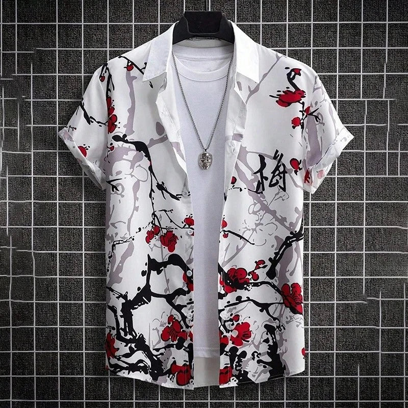 Unisex Floral Print Short-Sleeve Casual Shirt