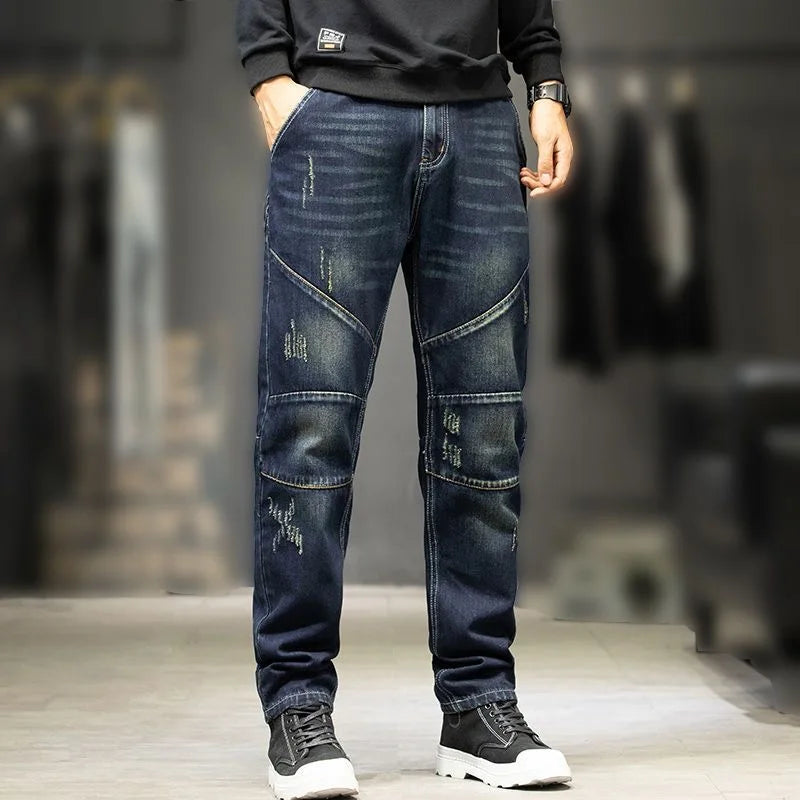 Men's Loose Fit Stretch Denim Jeans - Ripped Detail — product view