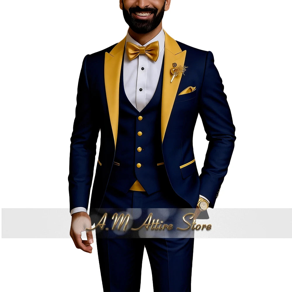 Men's Gold Peak-Lapel Three-Piece Suit Set — product view
