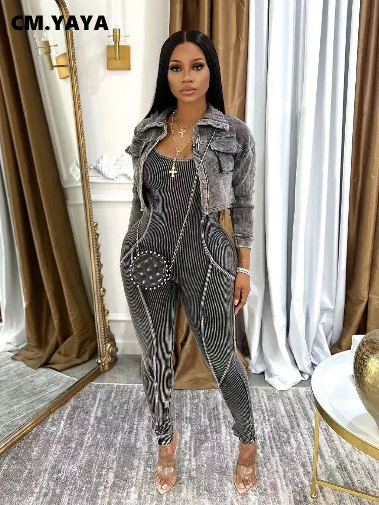 Women's V-Neck Jacket & Fitted Jumpsuit Set