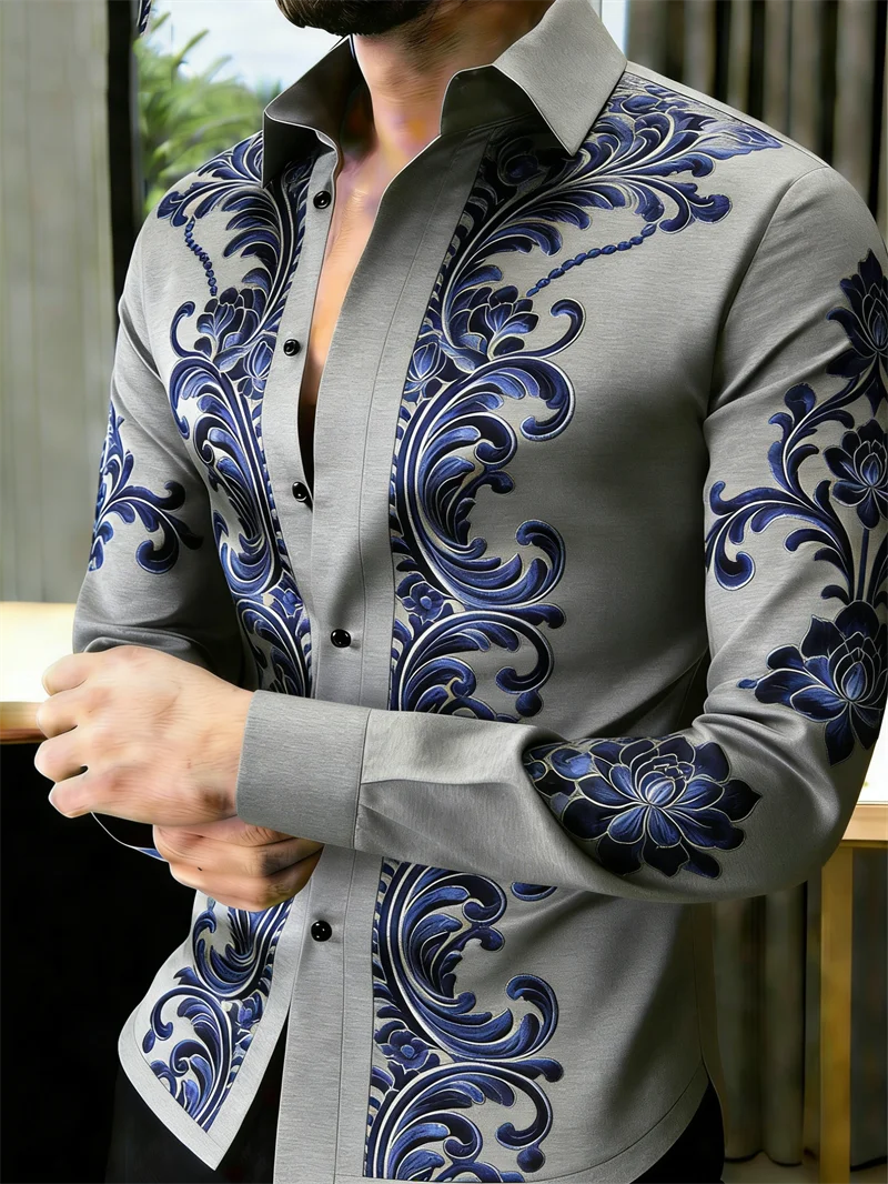 Men's Floral Print Long-Sleeve Casual Shirt