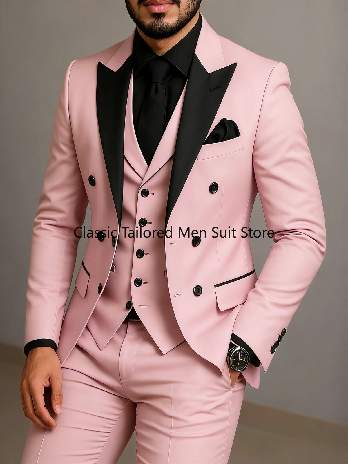 Men's Beige Slim-Fit Double-Breasted Suit Set — product view