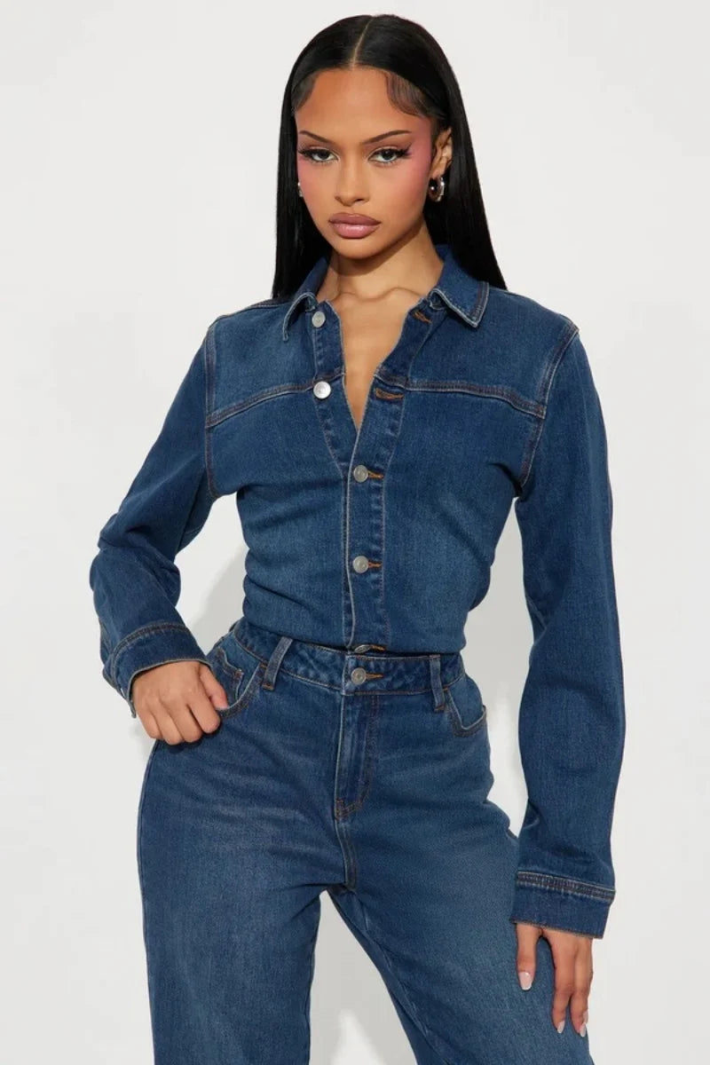 Women's Long-Sleeve Collared Denim Jumpsuit
