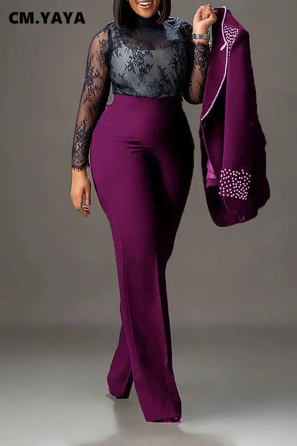 Women's Pearl-Detail Blazer & Wide-Leg Pants Set