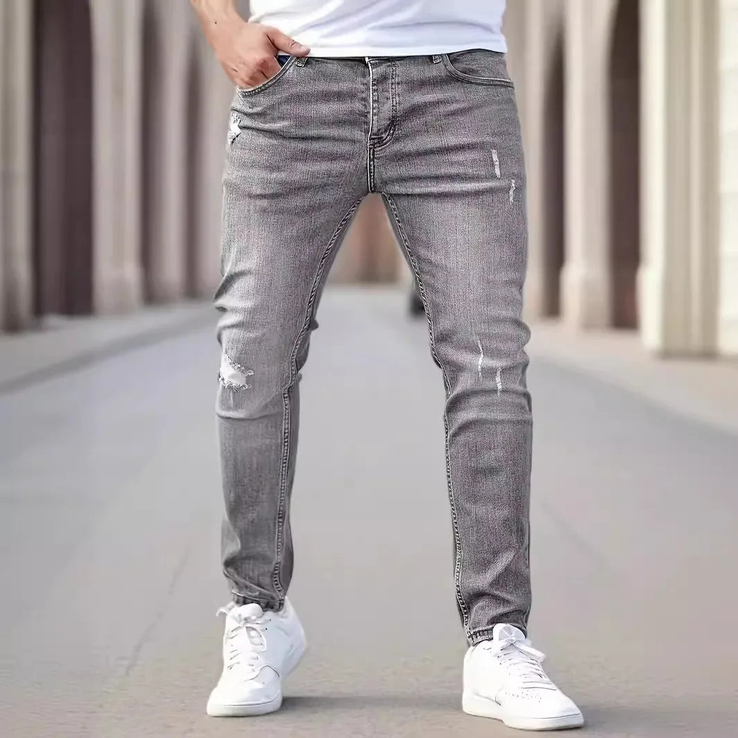 Men's Black Slim Fit Stretch Denim Jeans - Ripped Detail — product view