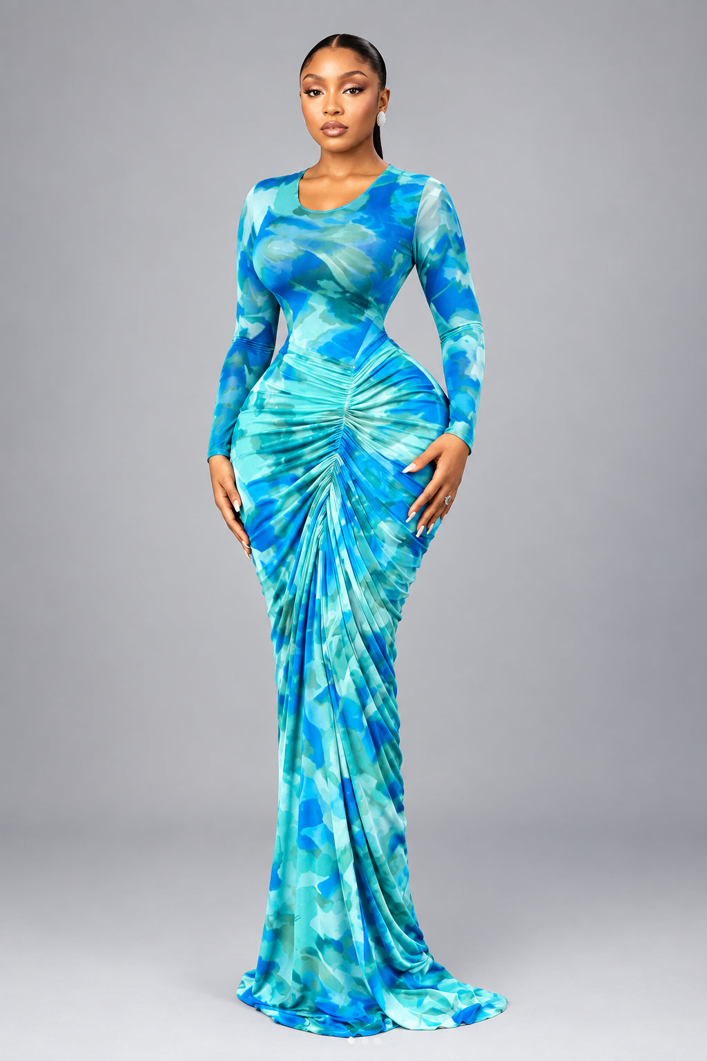 Women's Tie-Dye Ruched Long-Sleeve Dress