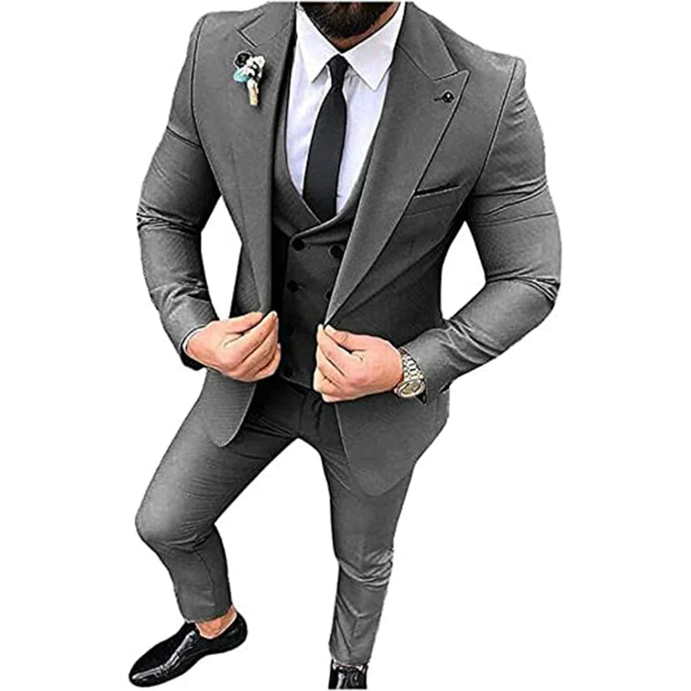 Men's Beige 3-Piece Slim Fit Peak Lapel Suit Set — product view