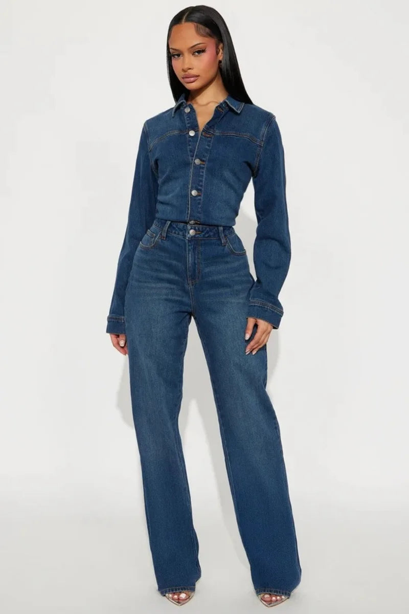 Women's Long-Sleeve Collared Denim Jumpsuit