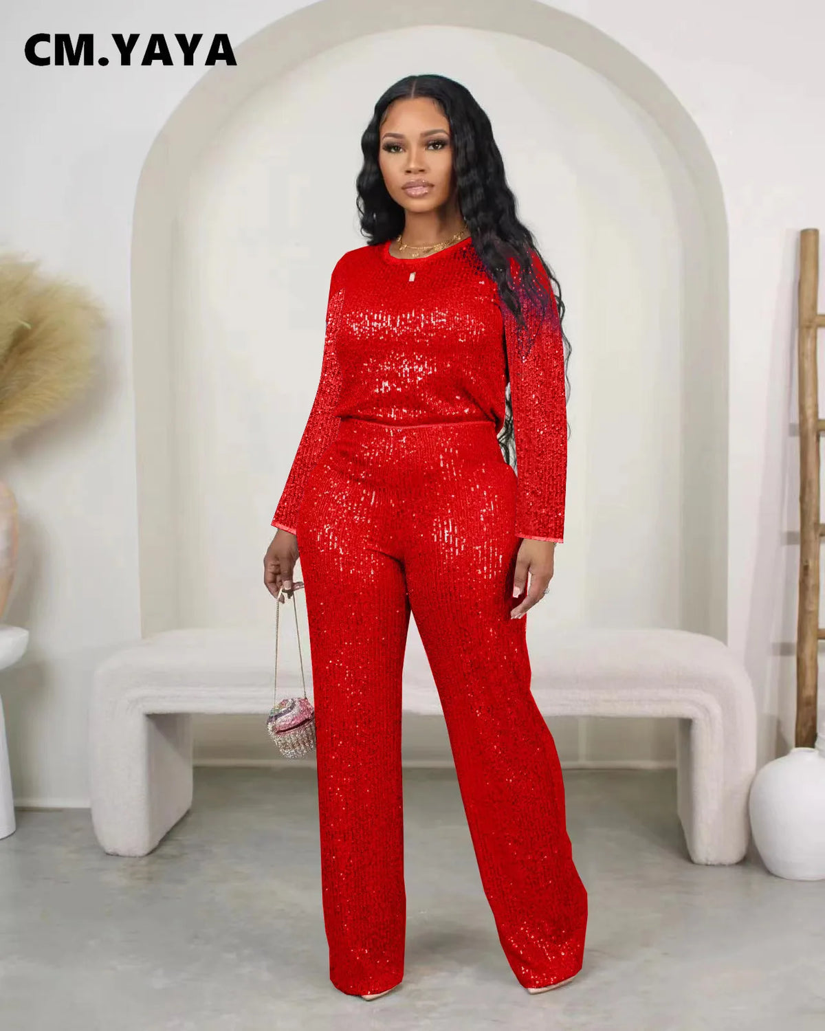 Women's Sequin Top & Wide-Leg Pants Set