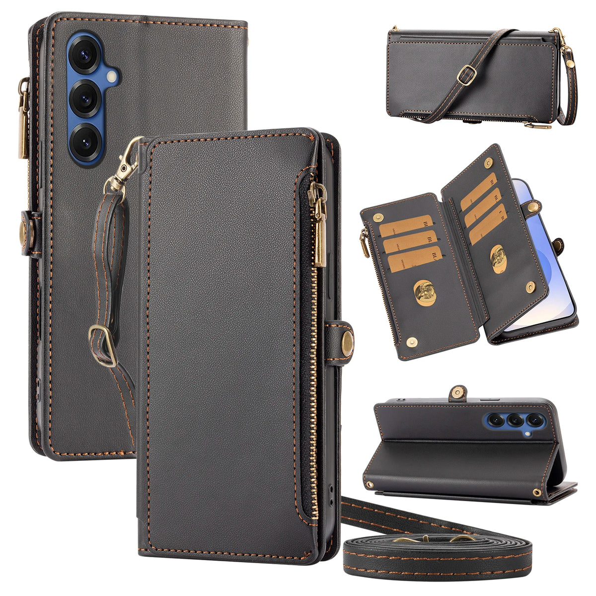 Crossbody Zipper Wallet Phone Case with Stand for Redmi Note 11S, Redmi Note 10 5G, Redmi Note 10 4G, Redmi Note 10S, Redmi Note 9 Pro, Redmi Note 9, Redmi Note 9S, Redmi Note 8 Pro, Redmi Note 8, Redmi Note 15 Pro 5G & More Models