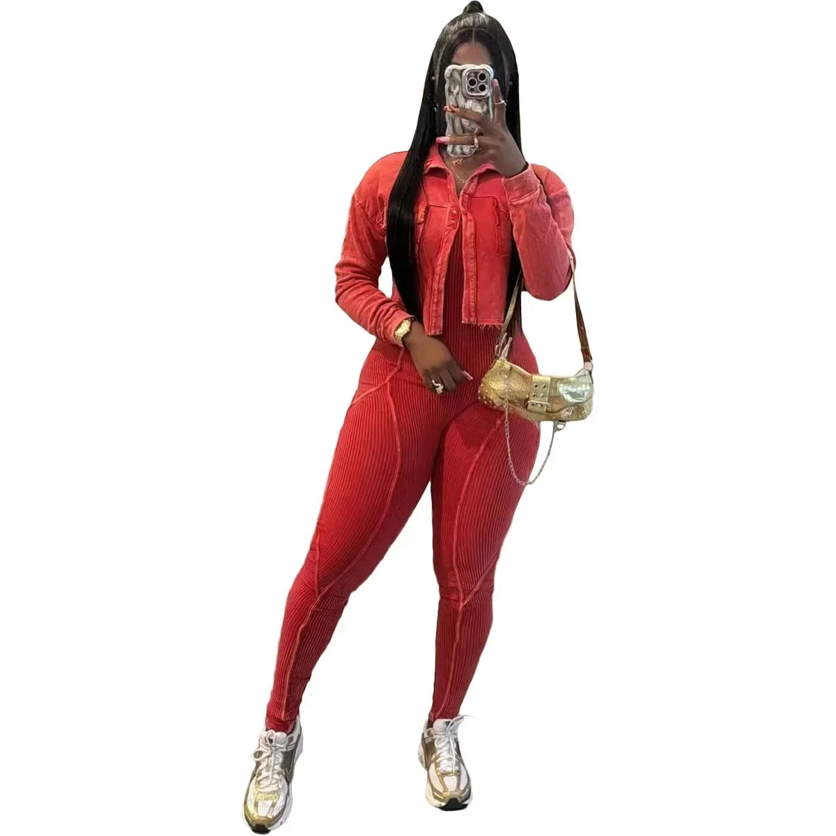 Women's V-Neck Jacket & Fitted Jumpsuit Set