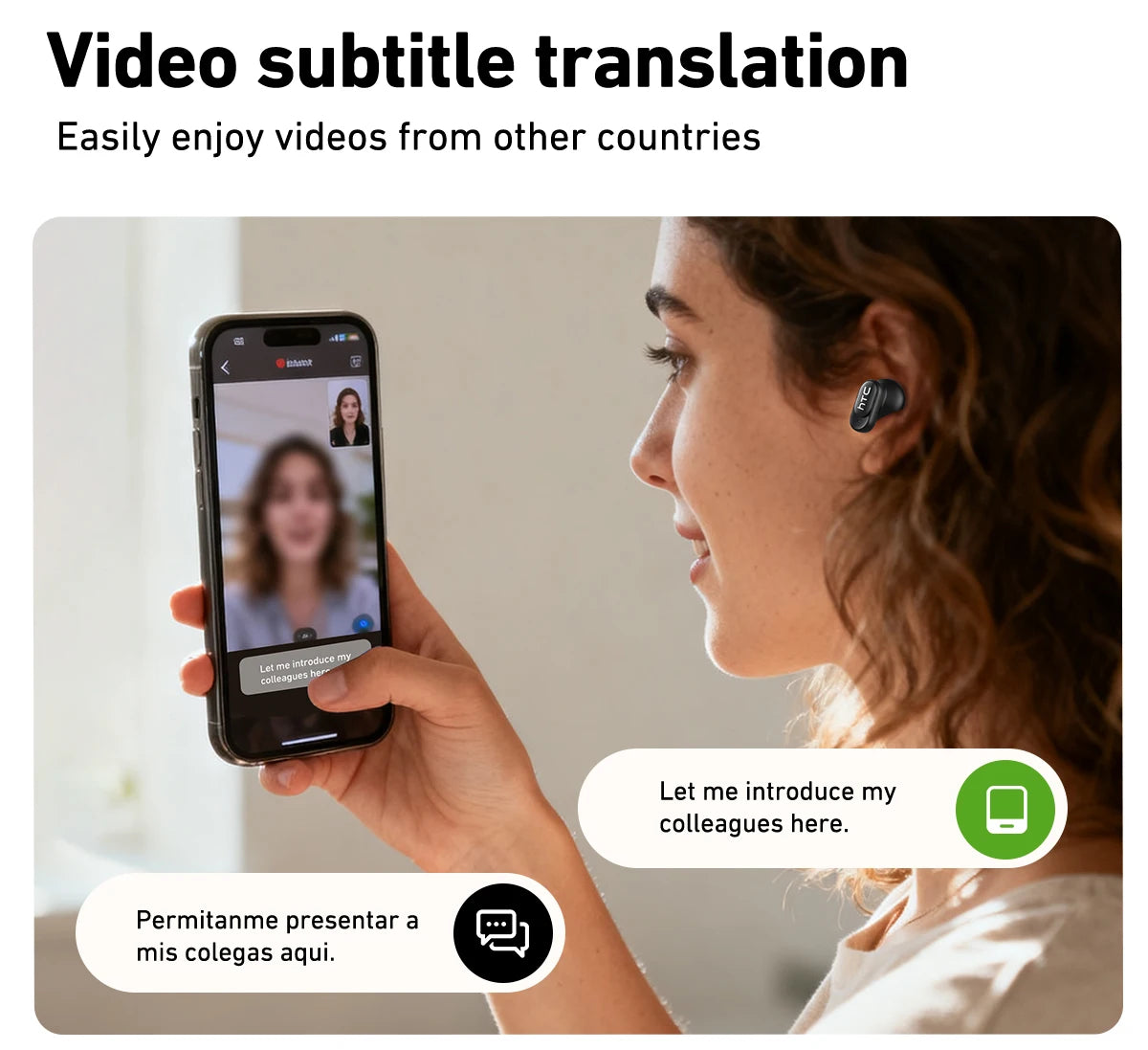 Woman using a smartphone with video subtitle translation feature, displayed by HTC.