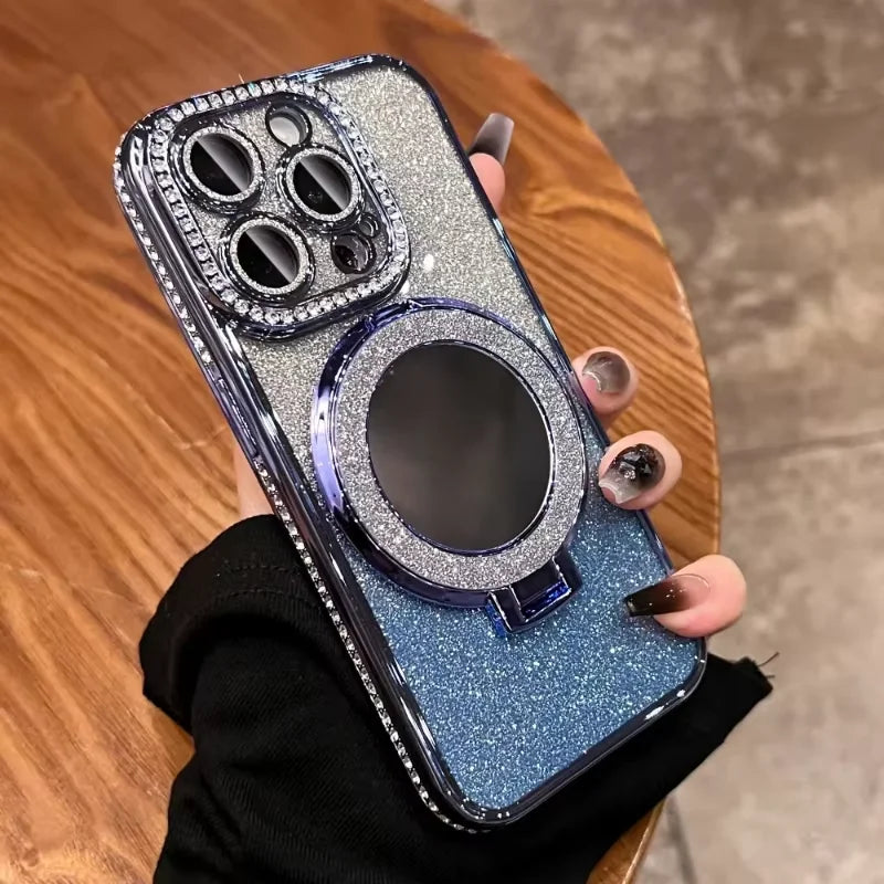 Glitter Magnetic Mirror Phone Case with Stand for iPhone 11 Pro, iPhone 11 Pro Max, iPhone 11, iPhone 14, iPhone 14 Pro, iPhone 13 Pro Max, iPhone 15, iPhone 15 Pro, iPhone 14 Pro Max, iPhone 12 Pro, iPhone 12 Pro Max, iPhone 12 & More Models