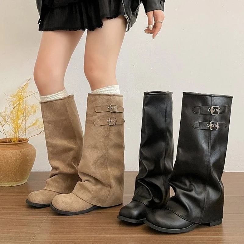 Women's Foldover Wedge Boots with Buckle Detail — product view