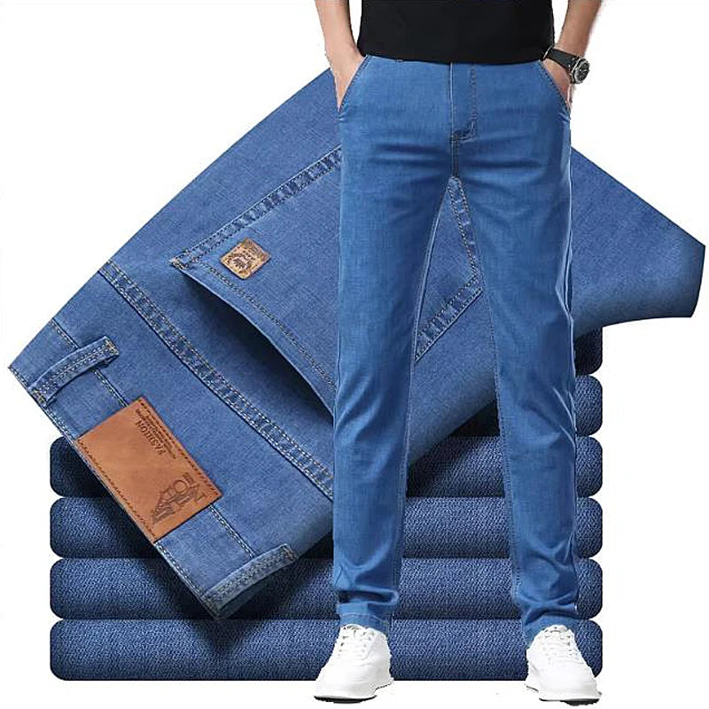 Men's Blue Straight-Leg Stretch Denim Jeans - Business Casual Style — product view