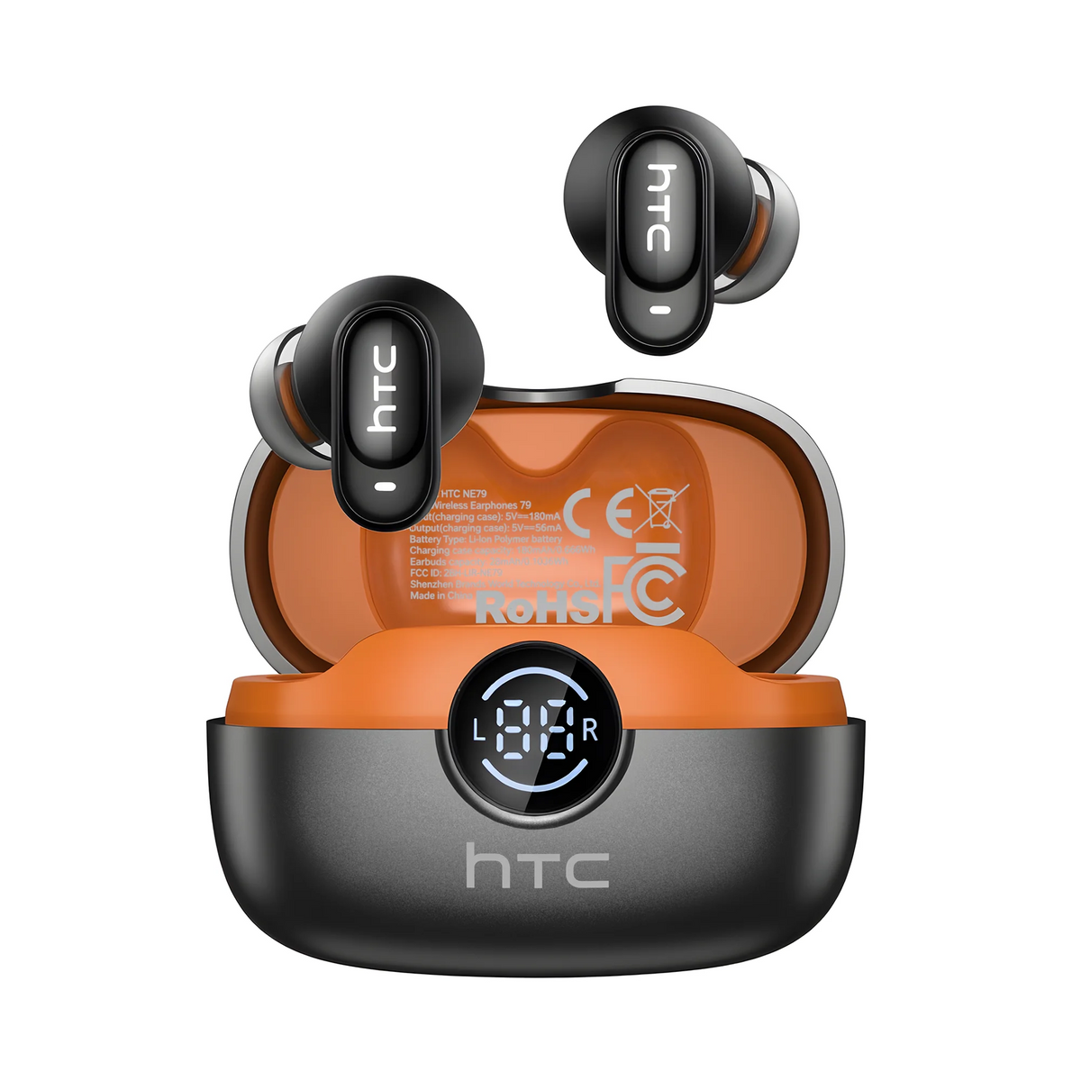 True wireless earbuds with charging case featuring HTC branding on a white background.