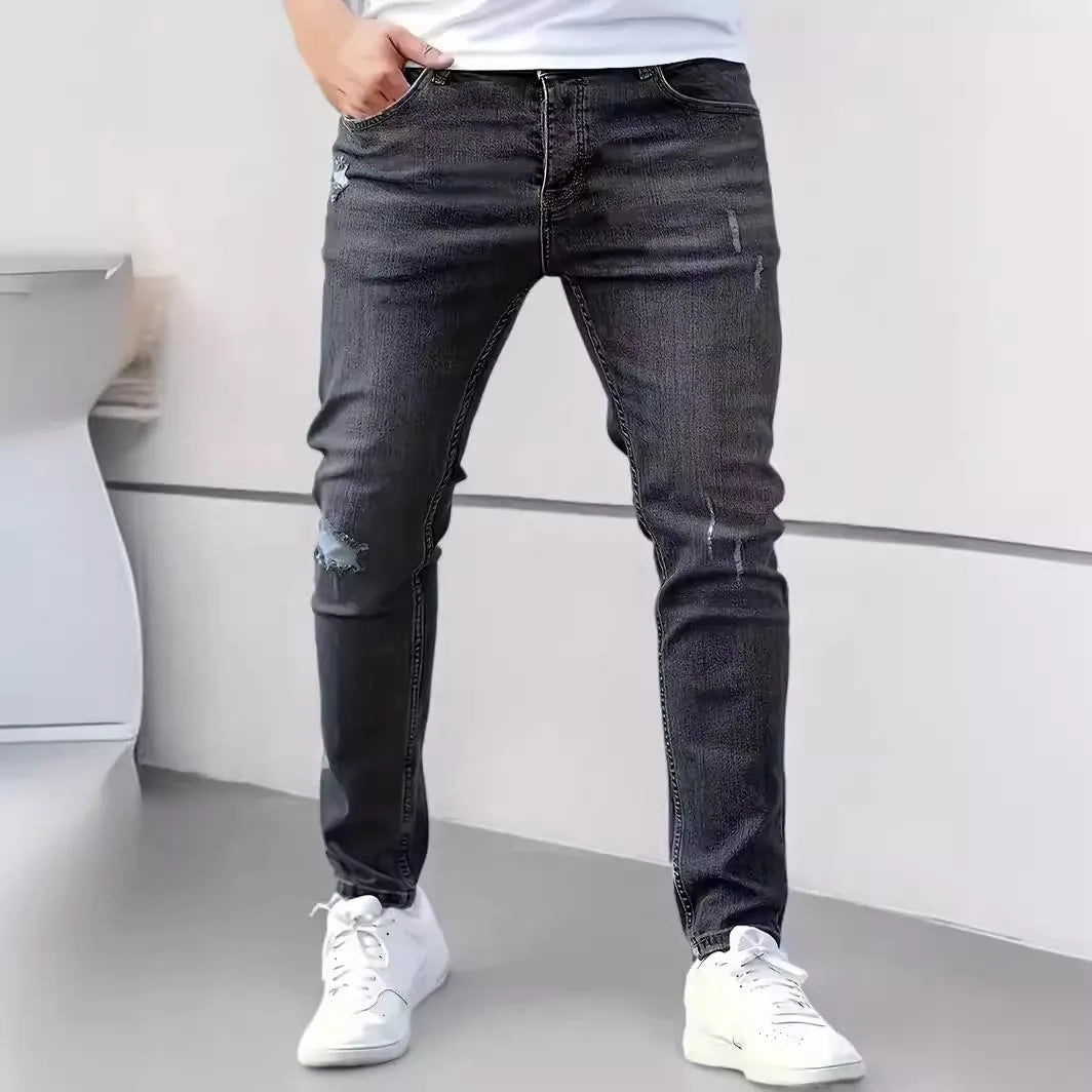Men's Black Slim Fit Stretch Denim Jeans - Ripped Detail — product view