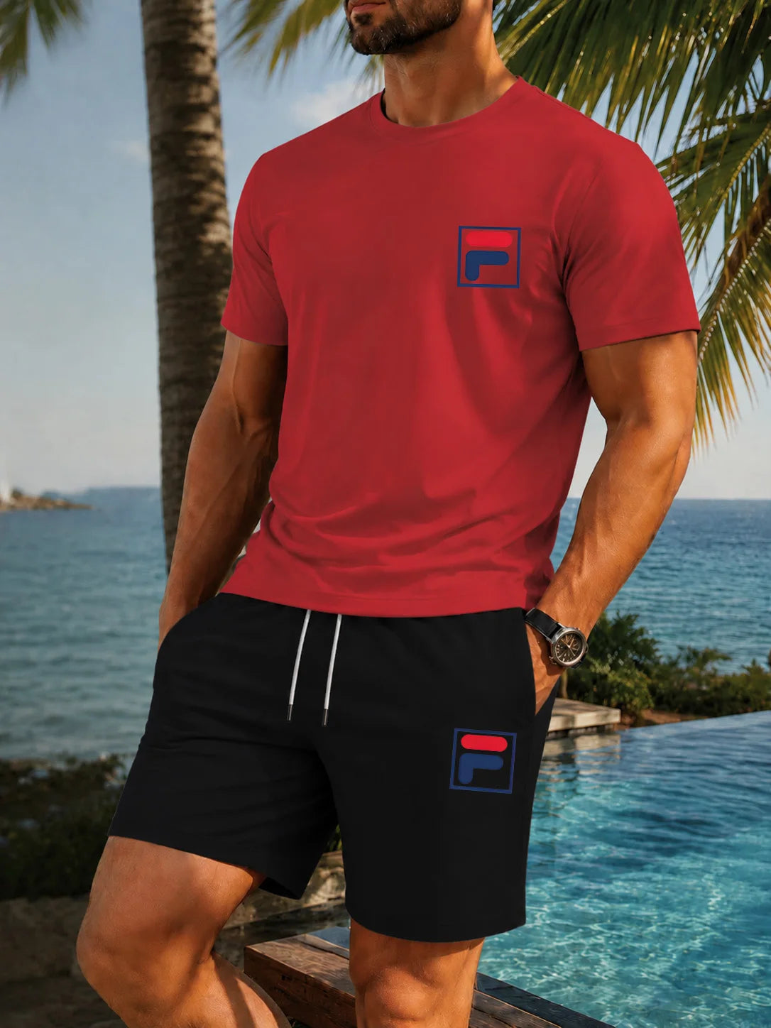 Men's Graphic Print Top & Shorts Set