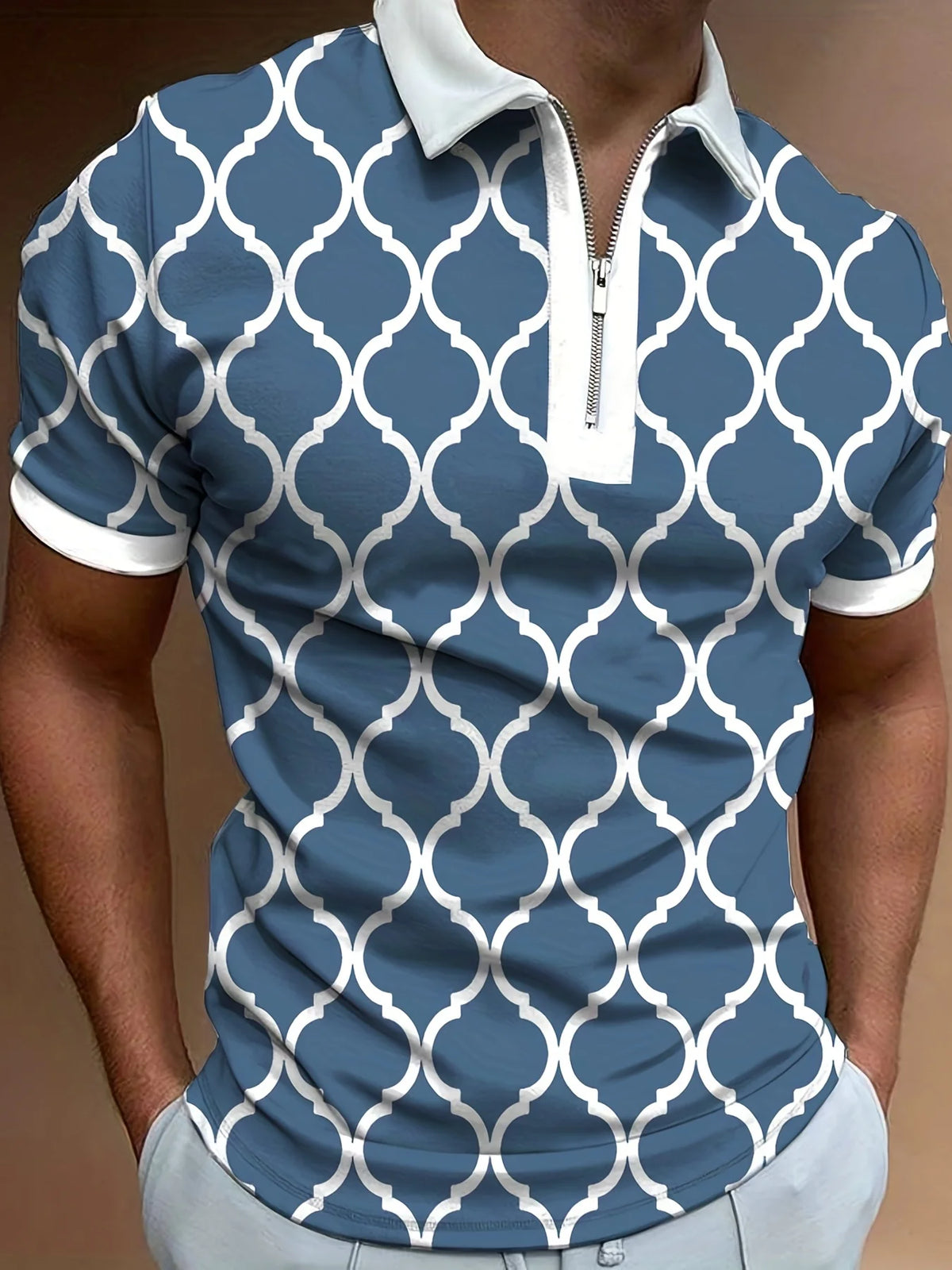Men's Striped Short-Sleeve Zip-Neck Polo Shirt