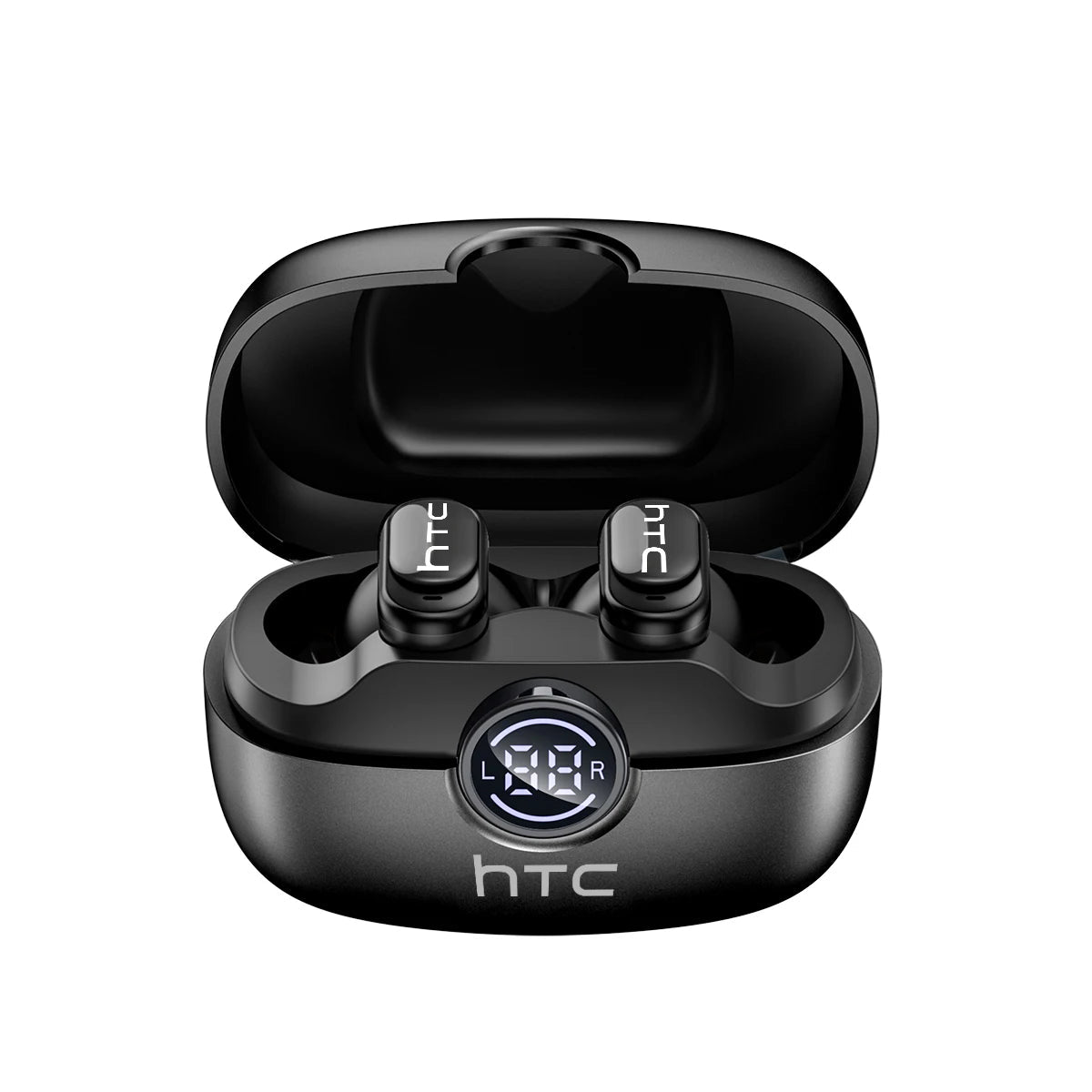 Black HTC wireless earbuds in charging case on a white background