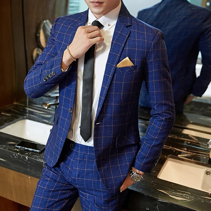 Men's Plaid Slim-Fit Suit Set — product view