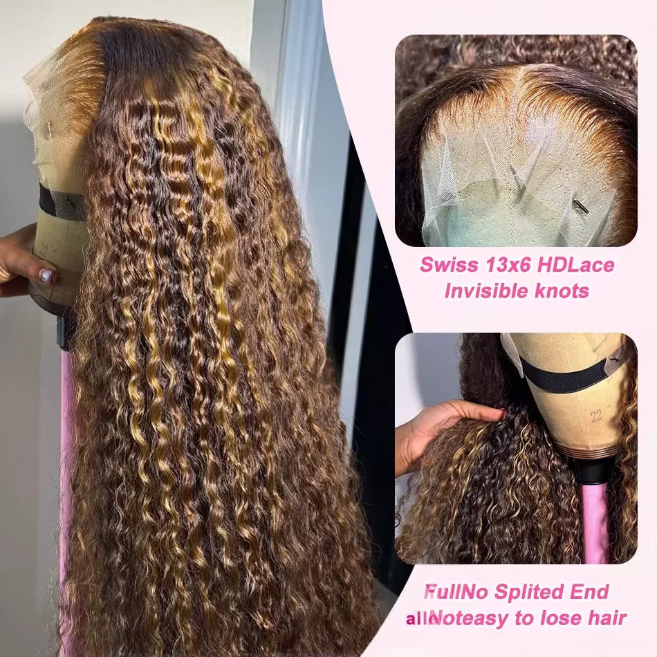 4/27 Highlight 220Density Ombre Water Wave Hd Lace Front Wigs Glueless Wigs 30 32Inch Brown 13x6 Hd Lace Frontal Human Hair Wigs