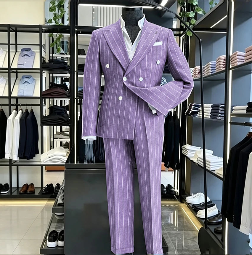 Men's Light Grey Pinstripe 2-Piece Double-Breasted Suit Set — product view
