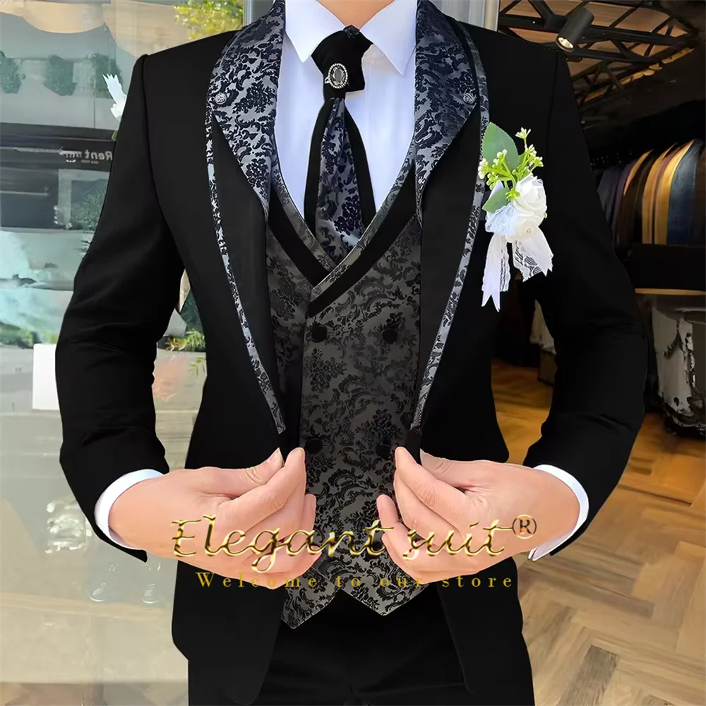 Men's Black Jacquard 3-Piece Suit Set — product view