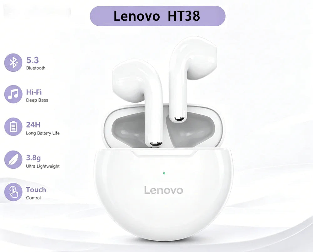 Lenovo HT38 snow white wireless earbuds shown in their charging case, with feature icons and text on the left side including Bluetooth 5.3, Hi-Fi Deep Bass, 24H battery life, 3.