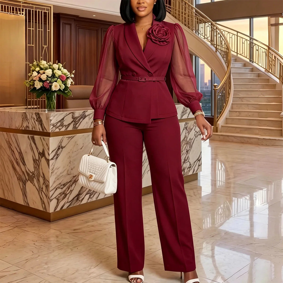 Women's Dashiki-Inspired V-Neck Top & Pants Set