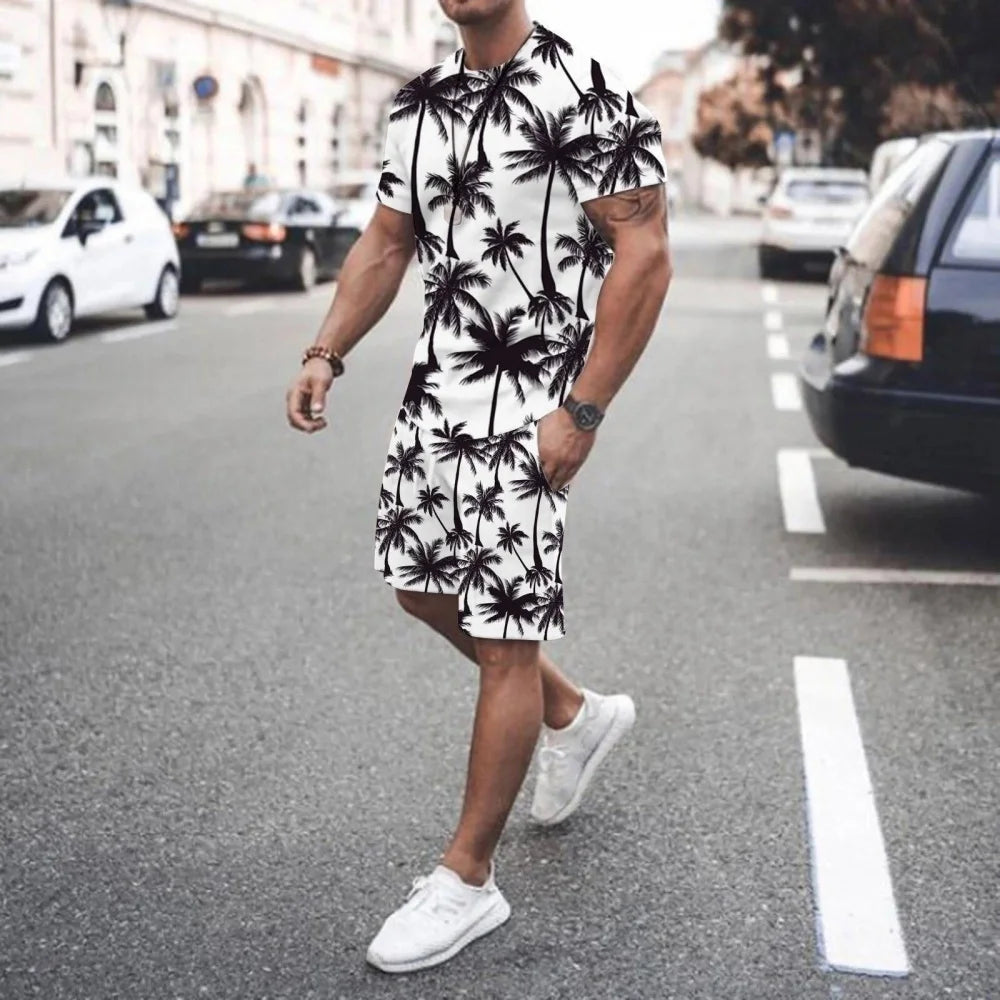 Men's Palm Tree Print Top & Shorts Set
