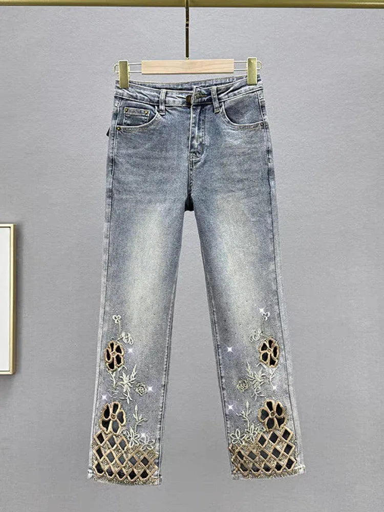 Women's Floral-Embroidered Cropped Jeans — product view