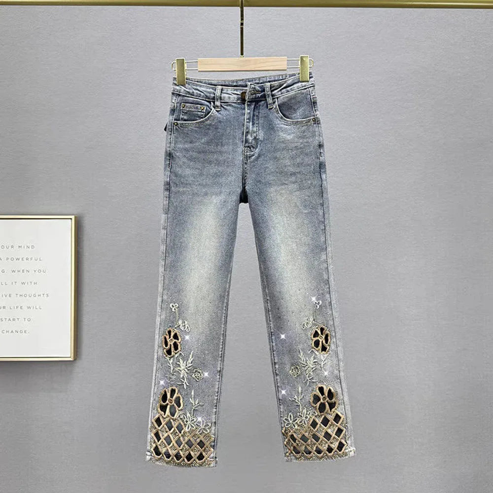 Women's Floral-Embroidered Cropped Jeans — product view