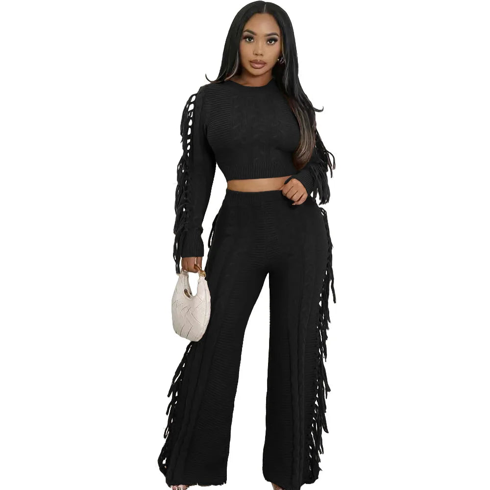 Women's Tassel Knit Sweater & Pants Set
