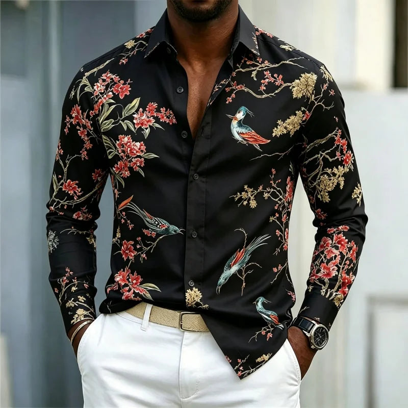 Men's Floral Print Long-Sleeve Casual Shirt