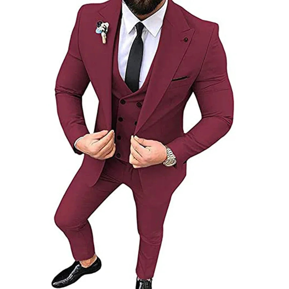 Men's Beige 3-Piece Slim Fit Peak Lapel Suit Set — product view