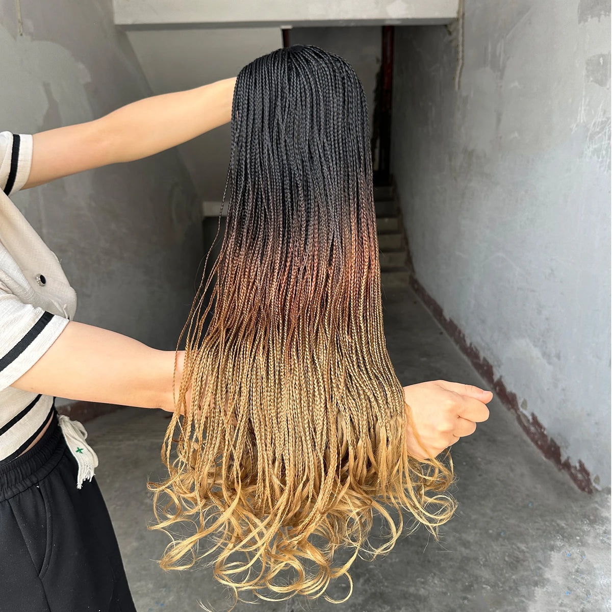 New Fashion Long Braided Wig Synthetic Box Braid Wig Wavy Weave Ombre - OSASCO