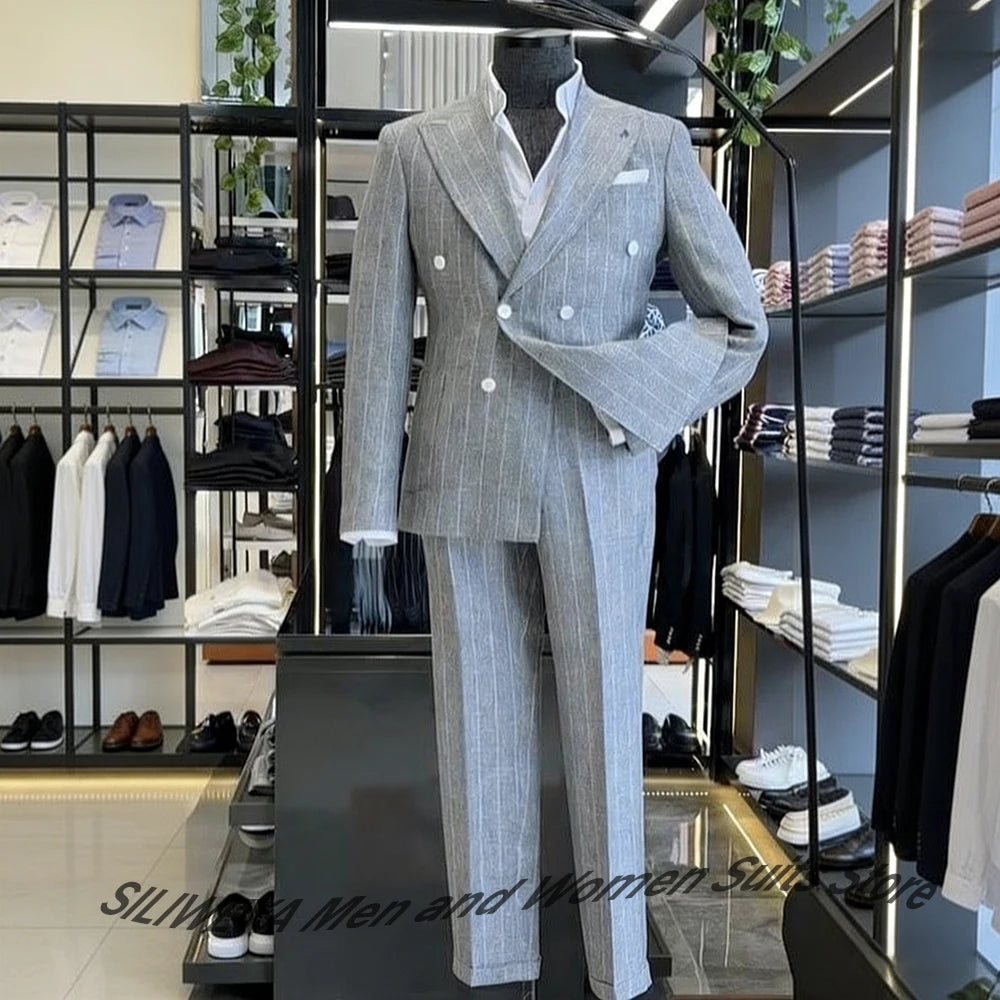 Men's Light Grey Pinstripe 2-Piece Double-Breasted Suit Set — product view