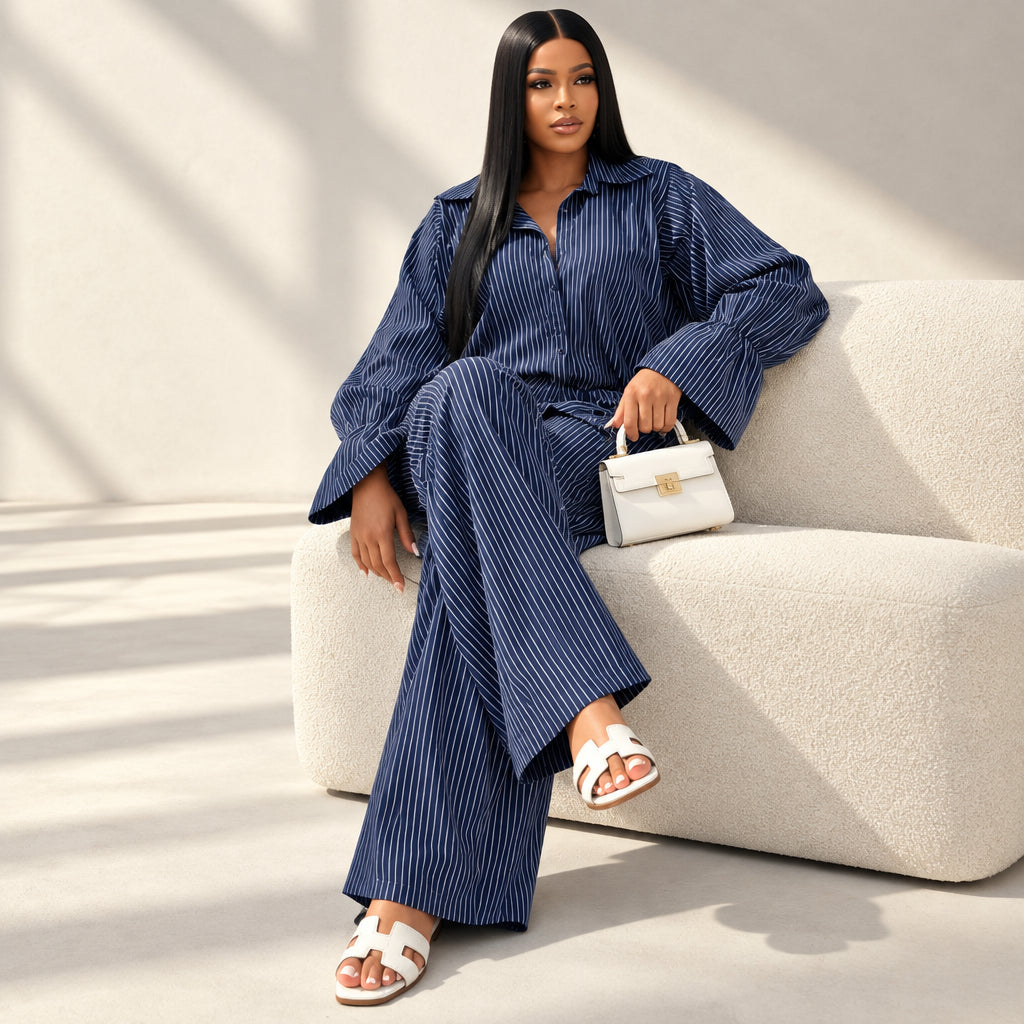 Women's Striped Blouse & Wide-Leg Pants Set