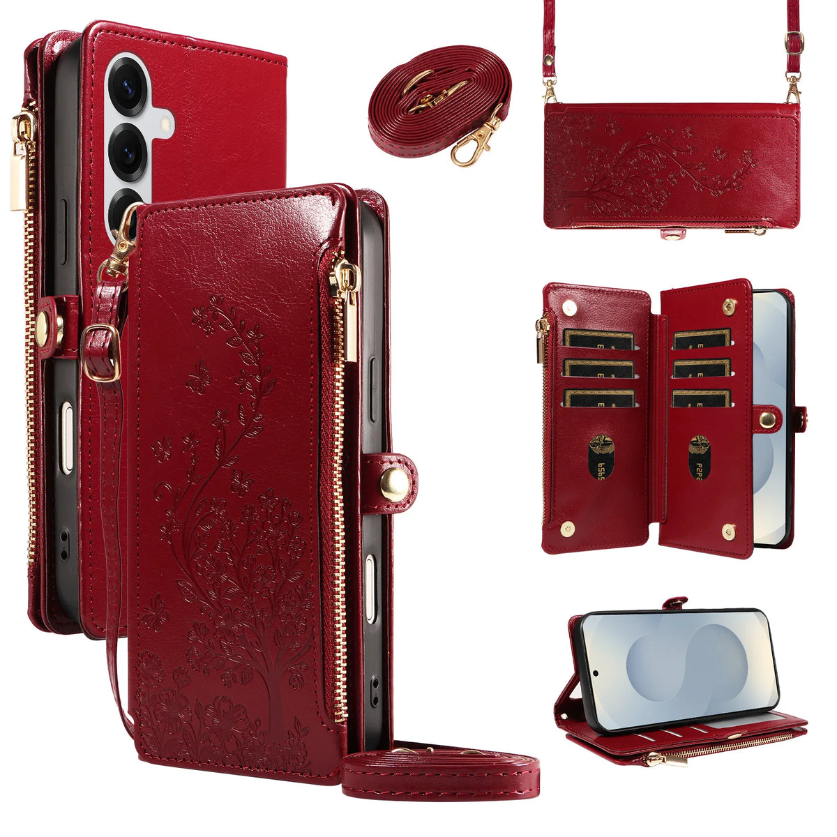 Floral Embossed Crossbody Zipper Wallet Phone Case for Samsung Galaxy A73 5G, A72, A71, A70, A05s, A05, A04, A03 Core, A12, A10, A07, A06, A14 4G, A14 5G, A13 4G, A13 5G, A17, A16, A15 4G, A15 5G, A22 5G, A22 4G, A21s, A18, A26 5G, A25 & More Models