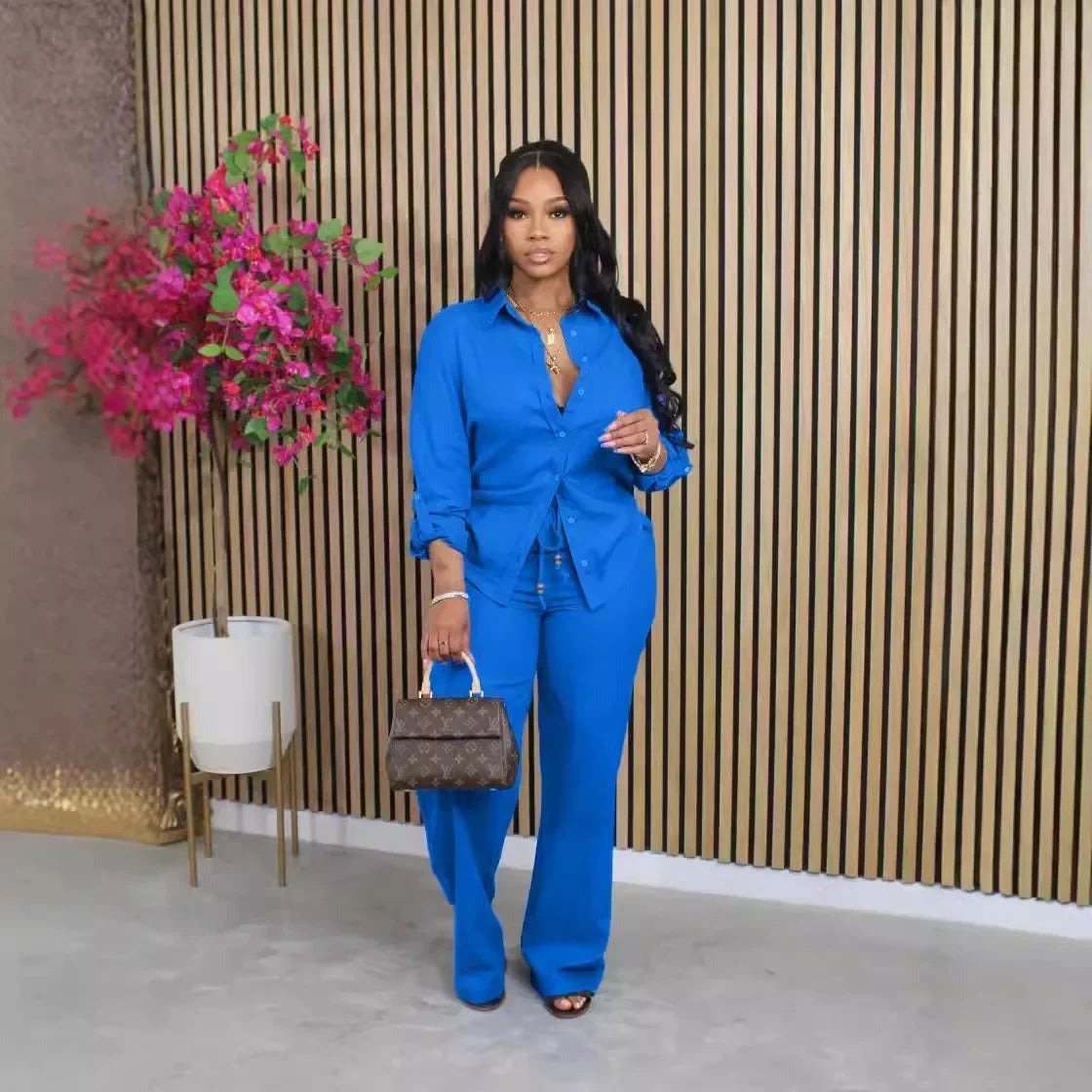 Women's Long-Sleeve Shirt & Straight-Leg Pants Set