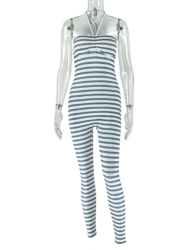 Women's Striped Backless Halter Jumpsuit