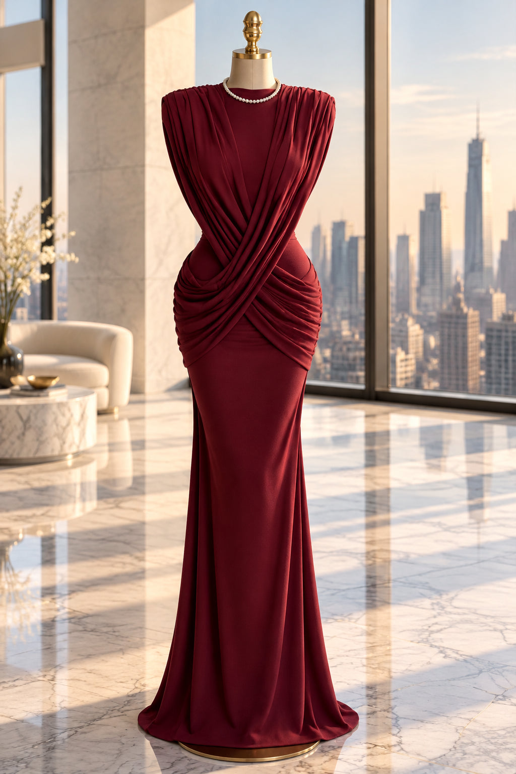 A deep burgundy draped wrap dress displayed on a gold mannequin torso, with hands holding the fabric to show its drape and texture. A pearl necklace is styled on the mannequin.