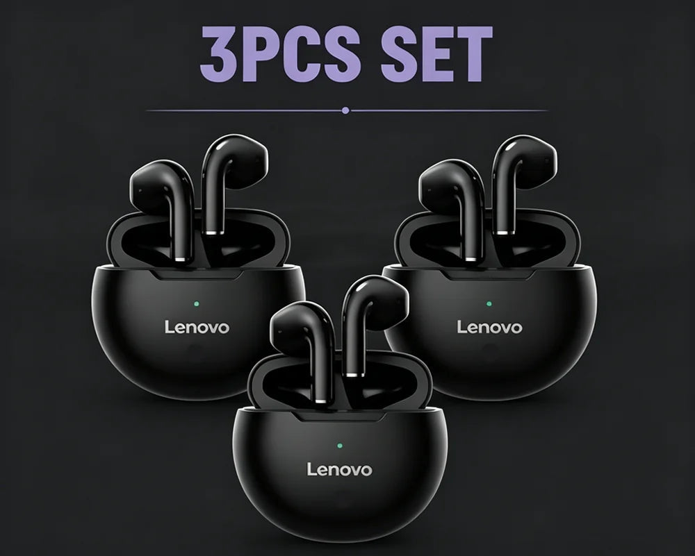 Three pairs of Lenovo wireless earbuds in their charging cases, shown as a 3-piece set in Midnight Black on a dark background with purple text overlays.