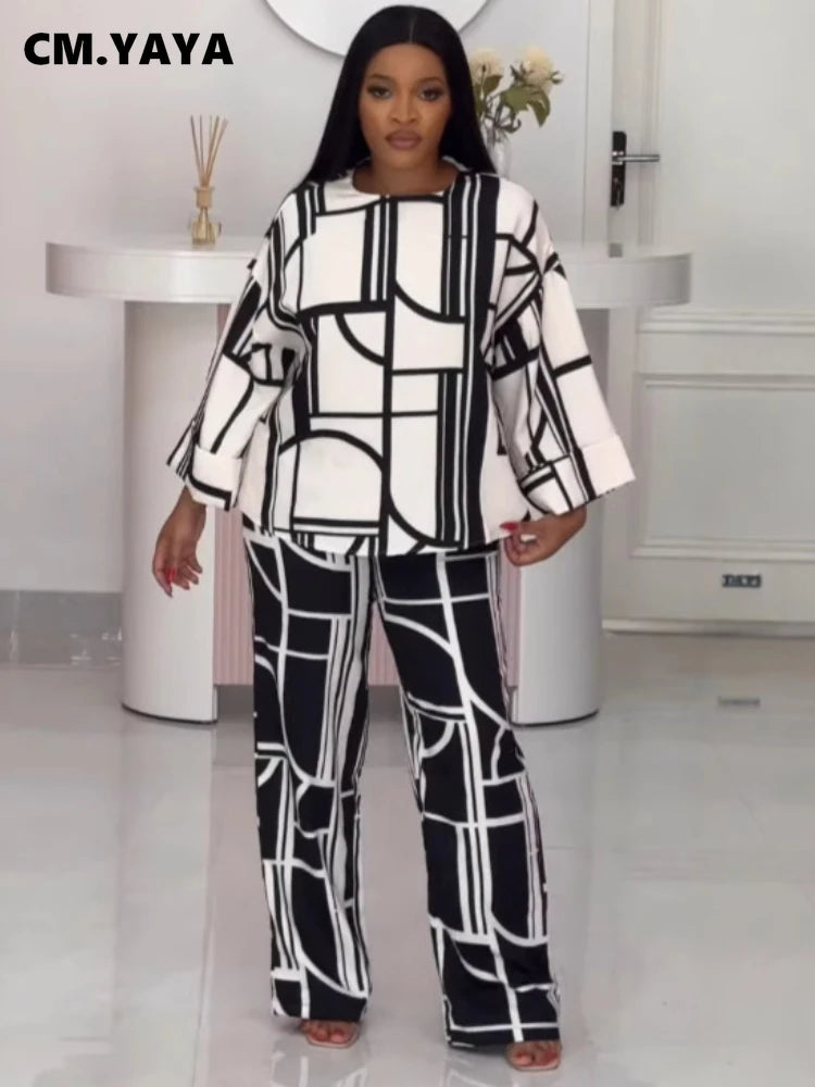 Women's Printed Long-Sleeve Top & Straight-Leg Pants Set