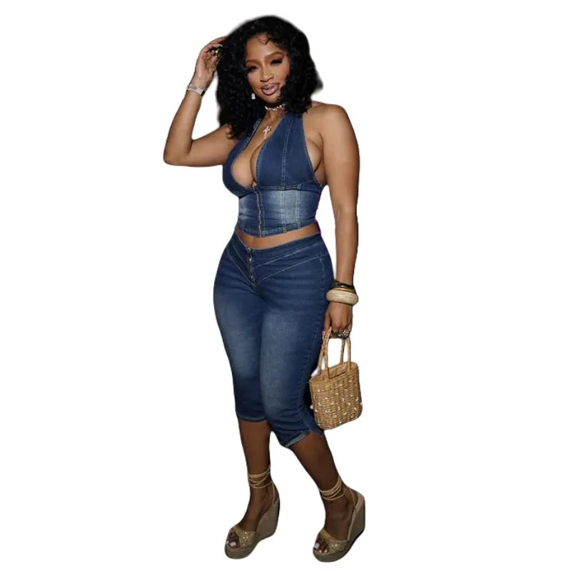 Woman wearing a denim outfit with a white background
