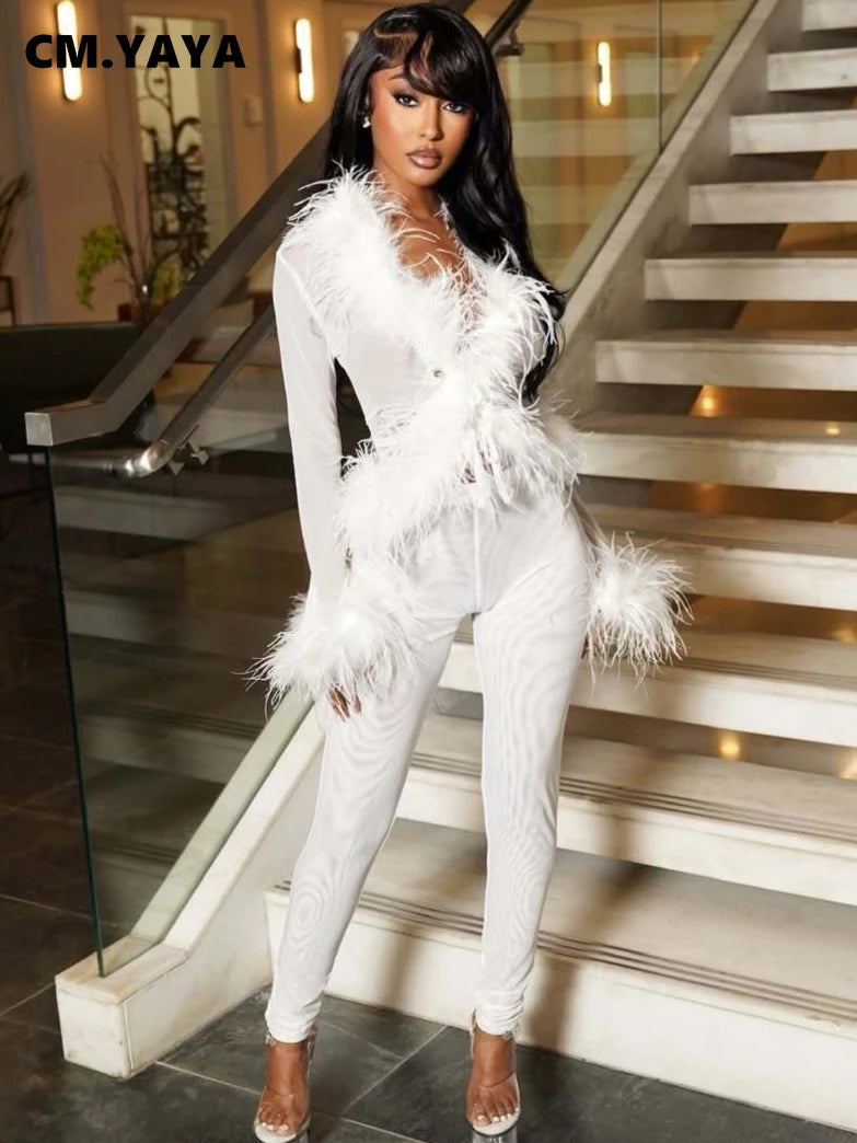 Women's Feather-Detail Mesh Crop Top & Leggings Set