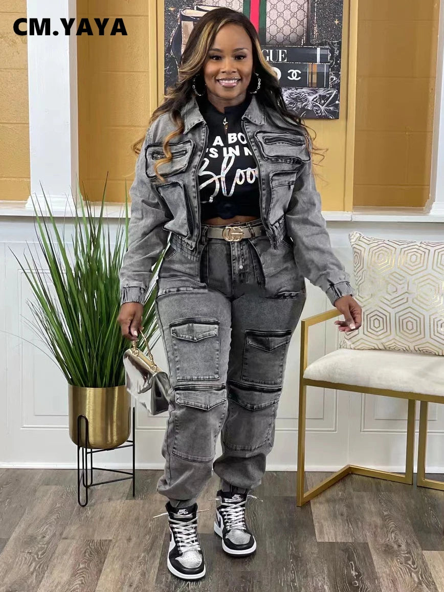 Women's Pocket Denim Jacket & Cargo Jeans Set