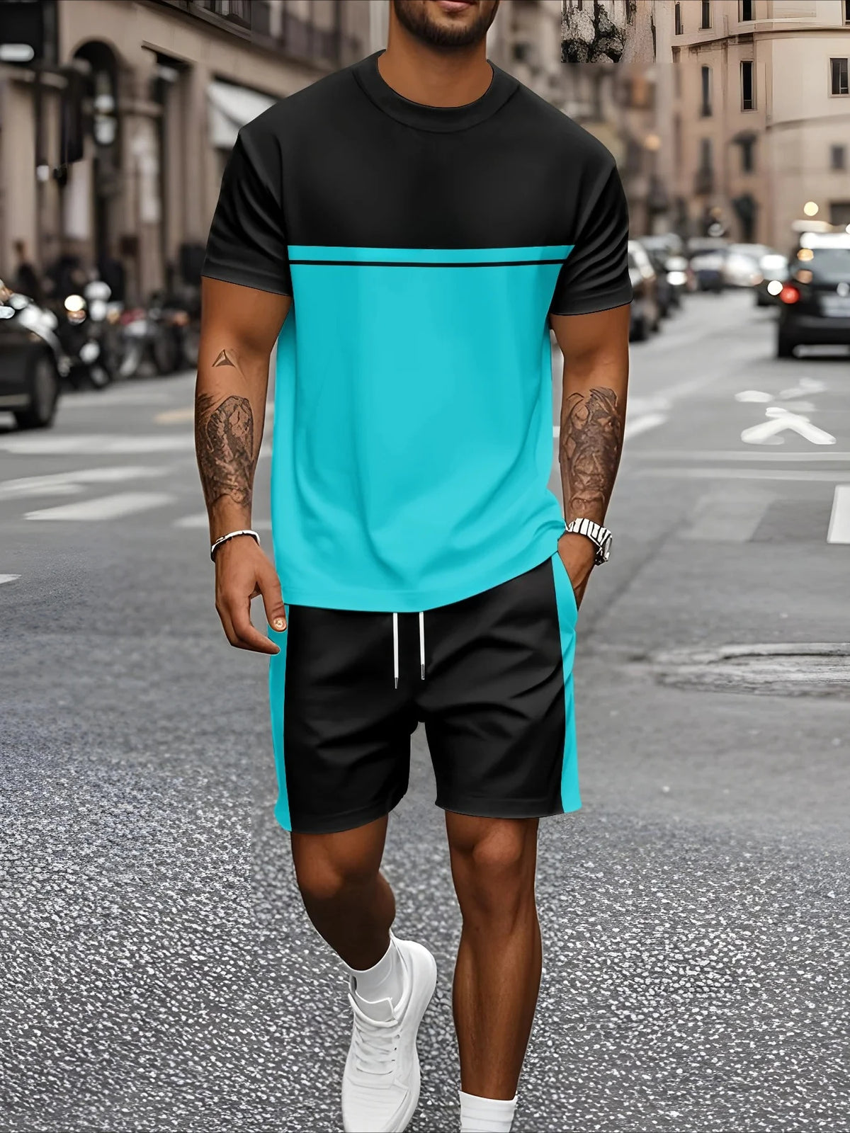 Men's Graphic Print Top & Shorts Set
