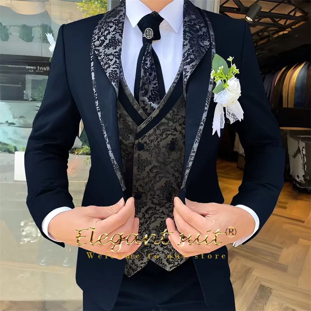 Men's Black Jacquard 3-Piece Suit Set — product view